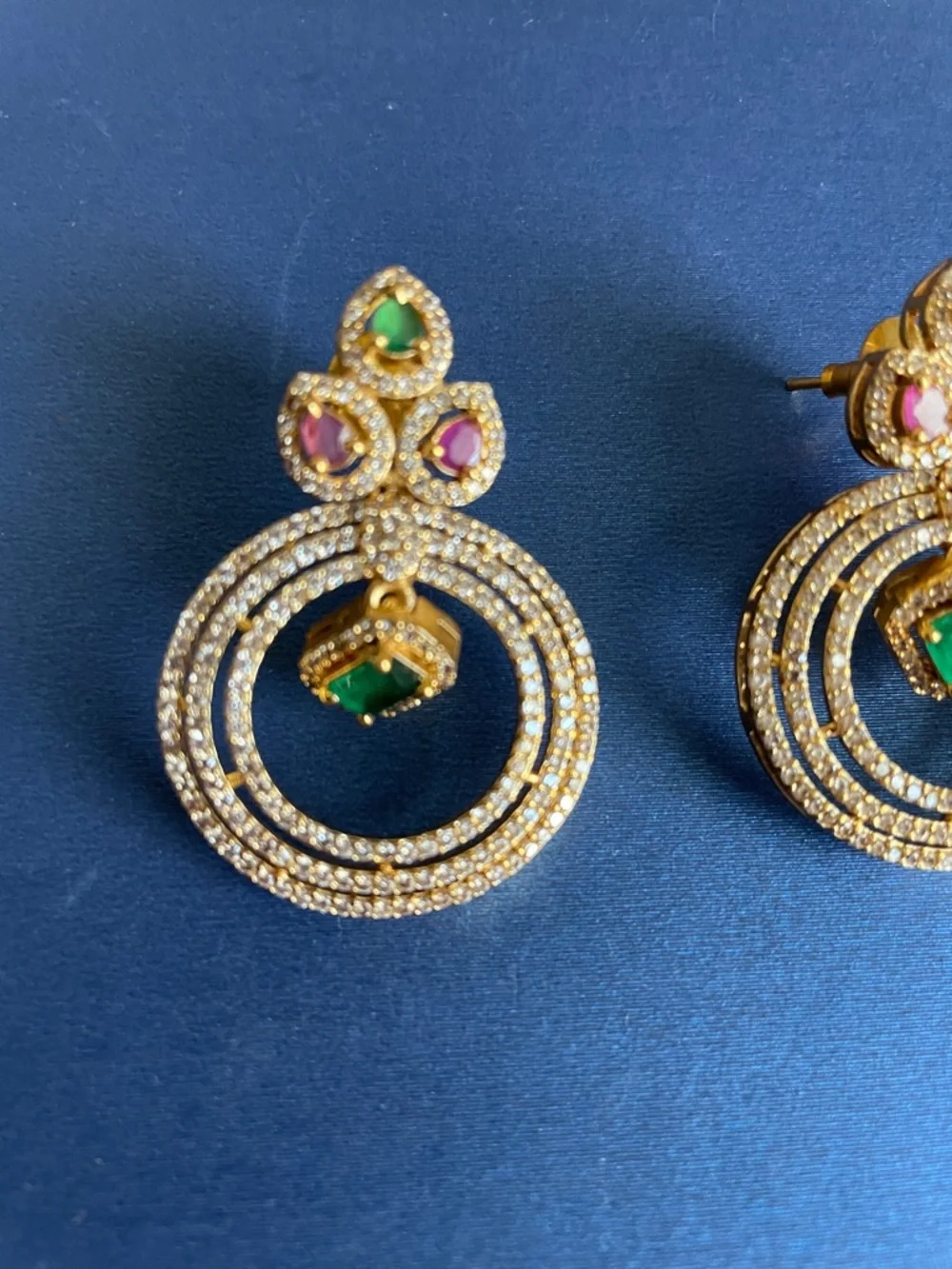 Gold-Tone Multi-Gem Drop Earrings with Green and Pink Stones